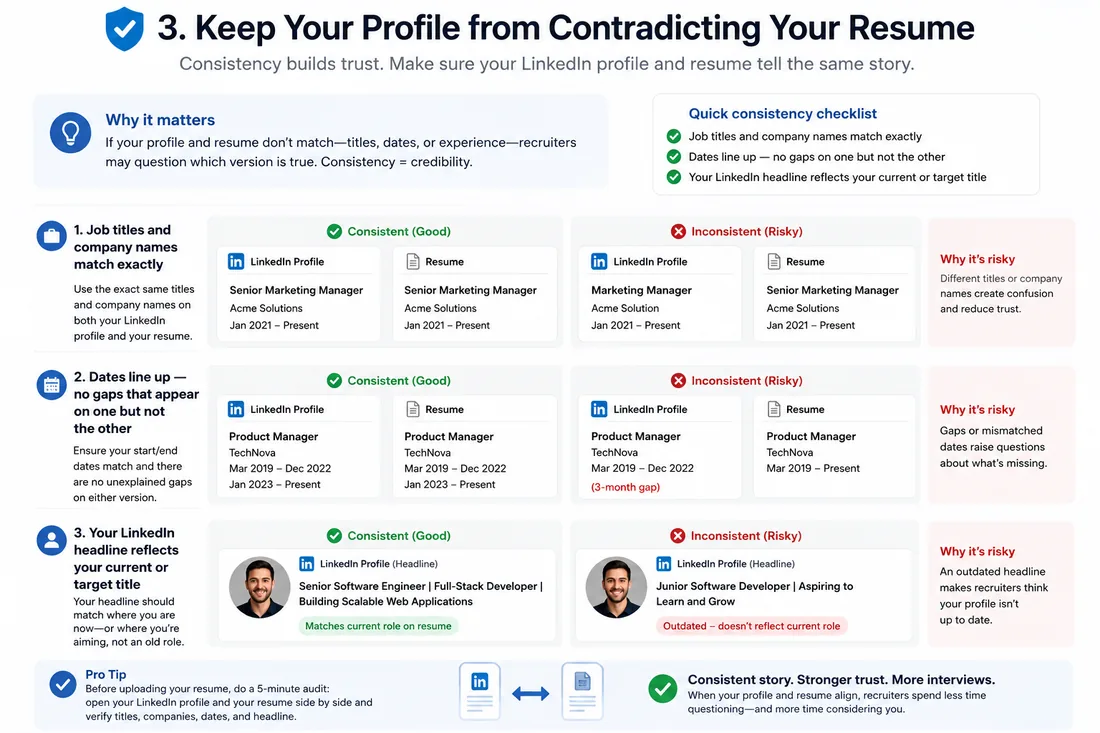 Gráfico comparativo de puestos, fechas y titulares consistentes frente a inconsistentes entre un perfil de LinkedIn y un currículum, con ejemplos de cada uno