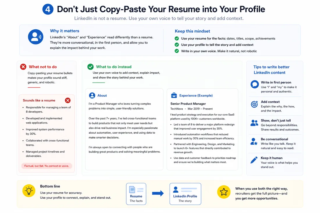 Comparación lado a lado de viñetas de currículum planas frente a una sección Información y Experiencia de LinkedIn reescrita con una voz natural en primera persona y contexto